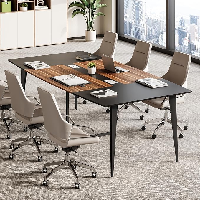 LITTLE TREE 8FT Conference Room Table, 94.48L x 47.21W x 29.52H Boat Shaped Meeting Table, Dark Walnut