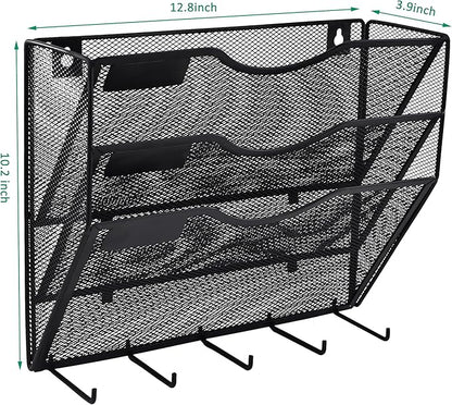 EASEPRES 3 Pocket Mesh Hanging File Organizer with Key Holder Hooks & Nametag Label, Wall Mounted Mail Paper Document Folder Clipboard Storage Organization Magazine Rack for Office Cubicle, Black