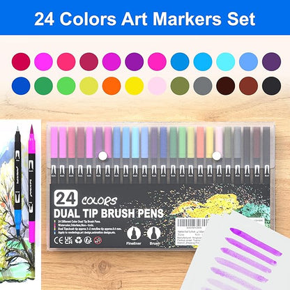 Dual Brush Marker Pens, 24 Colors Art Markers with Fine and Brush Tip Coloring Markers for Adults, Marker for Journaling Calligraphy Drawing Sketching Doodling Illustrating