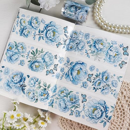 PET Tape Stickers for Journaling - Blue Flower Junk Journal Supplies Scrapbooking Tapes, Aesthetic Peony Flower Bullet Scrapbook Journal Stickers Tape, Decorative Tapes for Art Crafts