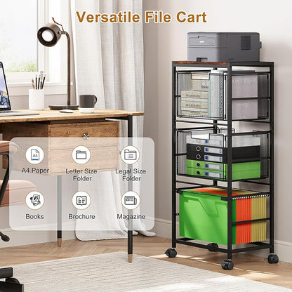 EasyPAG Mobile Rolling File Cart with Wheels Letter & Legal Size Hanging File Folder Rack 3 Tier File Folder Rack with Pull-Out Drawer for Home Office, Black