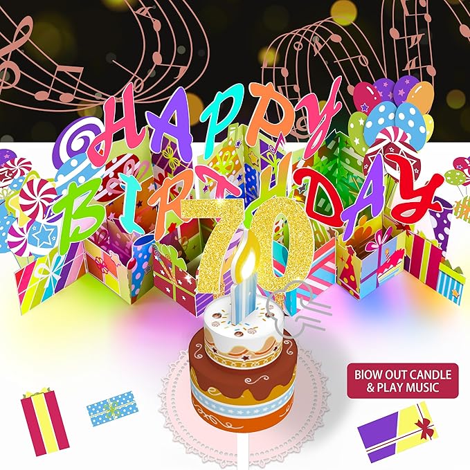 Gumry 70TH Musical Birthday PopUp Card, Blowable Colorful Light Candle 3D Cards with Song, Applause Cheers Sound, Greeting Cards Birthday Gifts Decorations for Women Men Turning 70 Years Old