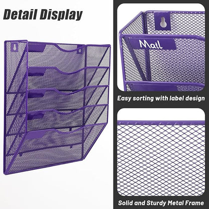 EASEPRES 5 Pocket Mesh Hanging Wall File Organizer, Wall Mounted Mail Paper Document Folder Holder, Clipboard Storage Organization Magazine Rack with Nametag Label for Office Home School, Purple