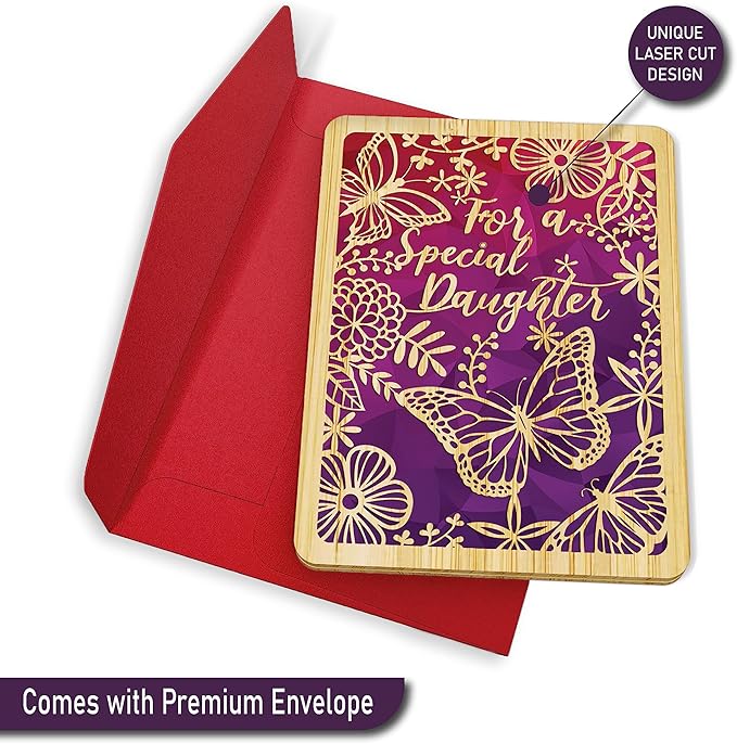 Bamboo Birthday Card - 6" X 4.5" - 1 Pack (With Envelope) | Laser Cut, Butterfly Themed Daughter Card