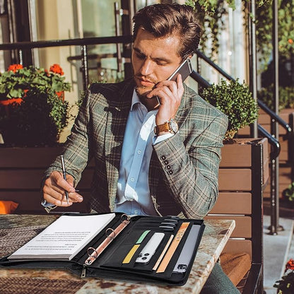 Free Engraved Name, Custom Portfolio, Genuine Leather Personalized Padfolio for Men, Engraved 3 Ring Binder Organizer, Business Portfolio with A4 Writing Pad, Handmade Customized Gifts, Black