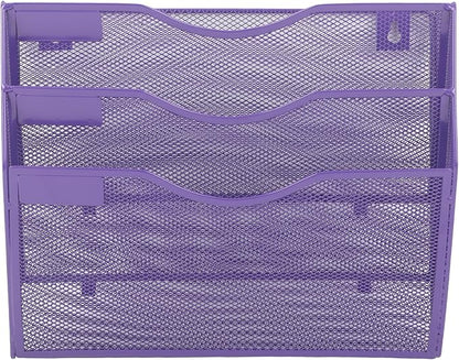 EASEPRES 3 Pocket Mesh Hanging Wall File Organizer, Wall Mounted Mail Paper Document Folder Holder, Clipboard Storage Organization Magazine Rack with Nametag Label for Office School Home, Purple