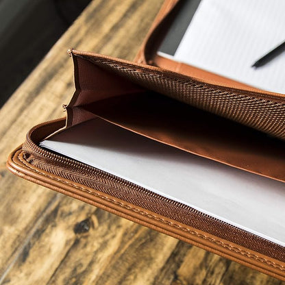 Cossini Premium Business Portfolio with Zipper – Padfolio - Superior Business Impressions Begin with PU Vegan Leather, 10.1 Inch Tablet Sleeve, Smart Storage, Solar Calculator, Writing Pad - Tan