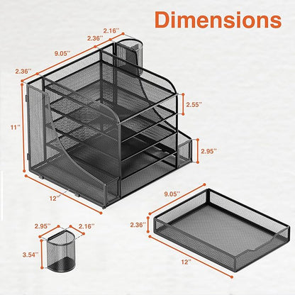 EVOOMI 5 Tier Mesh Desk Organizer PLUS - The Upgraded Time, Space & Sanity Saving Desktop Organizer System for Productivity Success - Ideal Pencil File Paperclip Post It Holder Mail Folder Organizer
