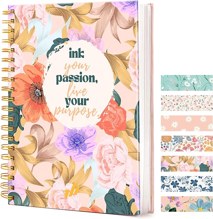 Spiral Notebook - 10.25" x 7.25" 300 Pages - Notebooks College Ruled, Prayer Journal, Wide Ruled Notebook Paper, Beautiful Gift for Women (Ink Your Passion) Floral
