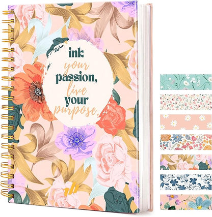 Spiral Notebook - 10.25" x 7.25" 300 Pages - Notebooks College Ruled, Prayer Journal, Wide Ruled Notebook Paper, Beautiful Gift for Women (Ink Your Passion) Floral