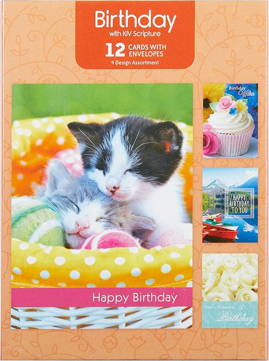 Paper Craft IG98638-RE Religious Birthday Card Assortment Box Set with Envelopes, 12 Cards, 4.75'' W x 6.5'' H, Cupcake, Kitten, Landscape, and Floral Photography
