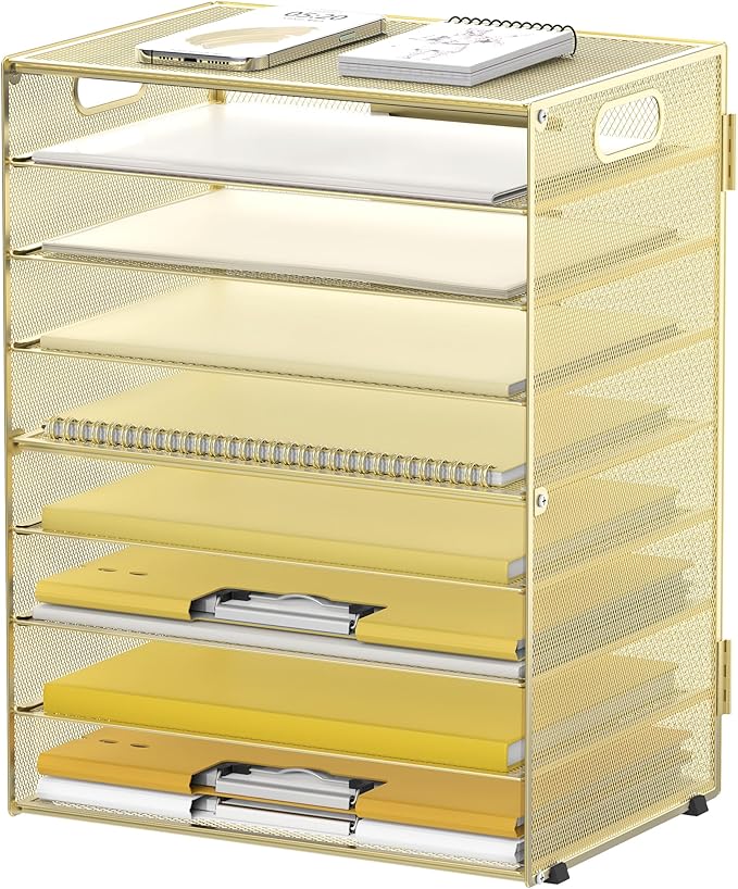 DALTACK 9-Tier Paper Letter Tray Desk Organizer with Handles, Mesh File Holder Organization, File Organizer for Desk Paper Sorter for Office Home School, Gold