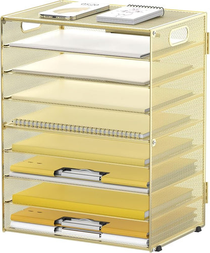 DALTACK 9-Tier Paper Letter Tray Desk Organizer with Handles, Mesh File Holder Organization, File Organizer for Desk Paper Sorter for Office Home School, Gold