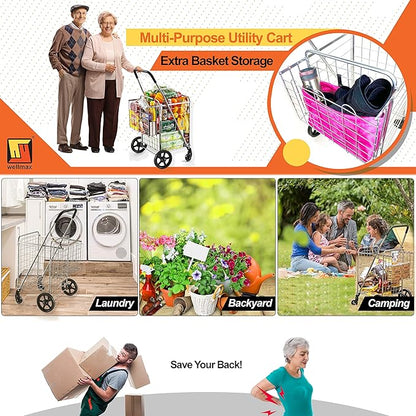 Wellmax Metal Grocery Shopping Cart with Wheels for Groceries, Folding Cart for Convenient Storage and Holds Up to 66lbs, Dual Swivel Wheels and Extra Basket, Silver
