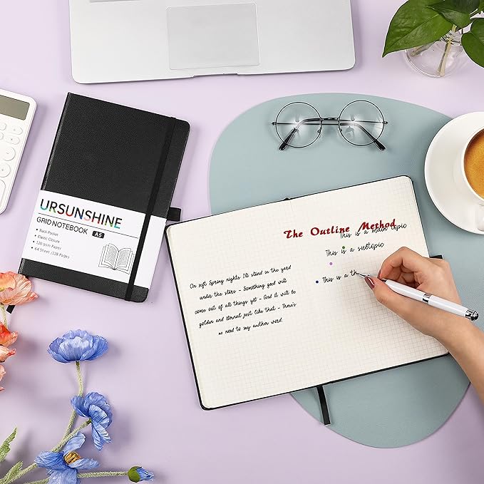 Graph Grid Paper Notebook/Journal - Classic Journal/Notebook with Ribbon Divider, Hardcover with Thick Paper, 5.3" x 8.26", Banded + Pen Holder +Inner Pocket - Black