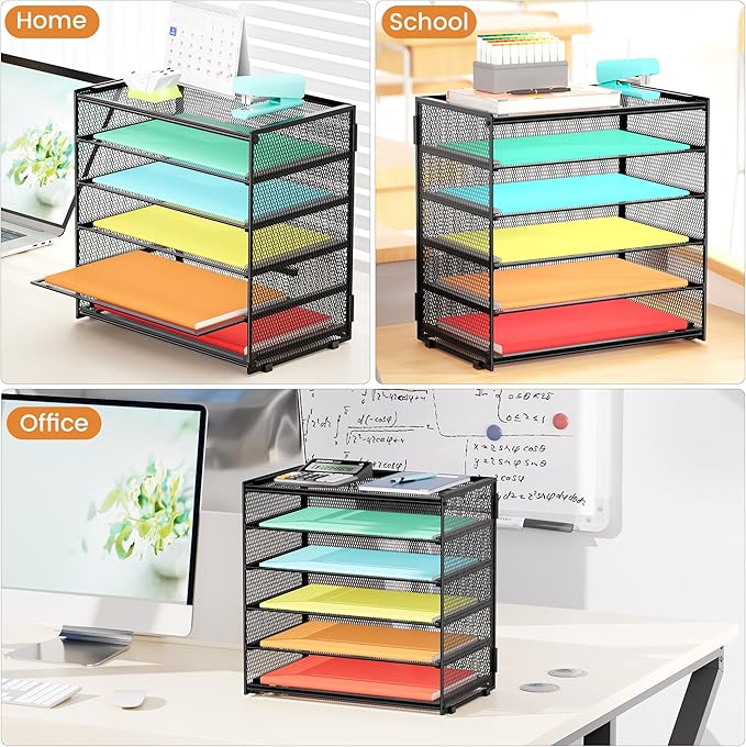 6 Tier Paper Organizer, Metal Mesh Desk File Organizer, Letter Tray Organizer, Paper Sorter Desk Organizer for Office, Home or School File Folder Holder - Black
