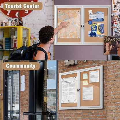 48"x34" Enclosed Bulletin Board, Outdoor Lockable Weather-Resistant Aluminum Cork Noticeboard for School & Office, Silver Frame w/Cork