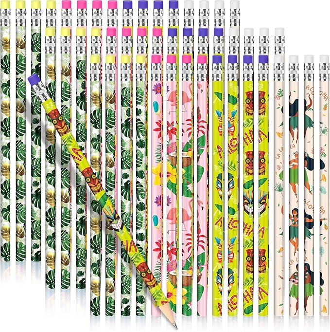 Geyee 36 Pcs Space Pencils Hawaiian Shark Themed Party Favors Assorted Novelty Fun Wood Writing Pencils with Erasers for Birthday Party Teacher Supplies(Hawaiian)