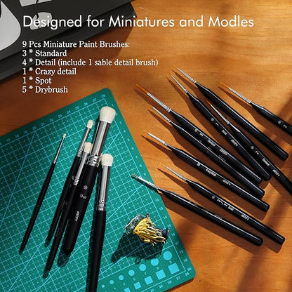 ARTIFY Miniature Drybrush Paint Brush Set: 14-Piece Round Small Detail Model Paintbrushes, Thin Mini Tiny Micro Paint Brushes for Miniature Painting