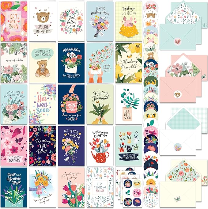 Decorably 24 Pack 4x6in Assorted Get Well Cards with Envelopes and Stickers, 24 Unique Floral Designs Boxed Get Well Cards with Printed Message Inside