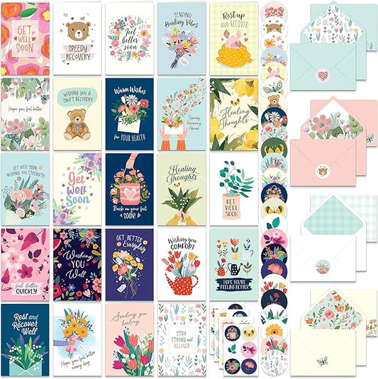 Decorably 24 Pack 4x6in Assorted Get Well Cards with Envelopes and Stickers, 24 Unique Floral Designs Boxed Get Well Cards with Printed Message Inside