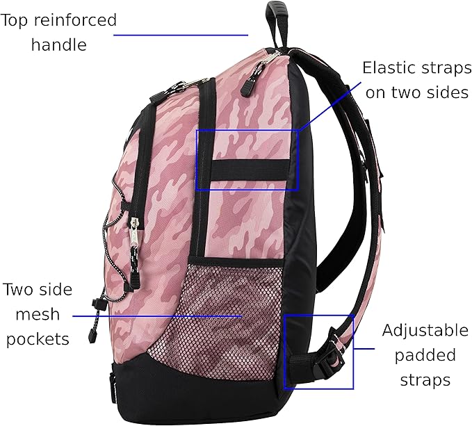 FUEL Hiking Backpack for Women Men Terra Sport, Travel, College, Gym, Work with Laptop Sleeve, Bungee, 18 Inches, Pink Camo