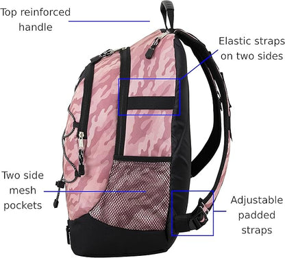 FUEL Hiking Backpack for Women Men Terra Sport, Travel, College, Gym, Work with Laptop Sleeve, Bungee, 18 Inches, Pink Camo