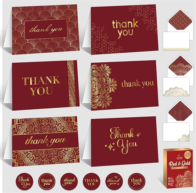 Decorably 24 Pack Gold-Foiled 6x4in Red Thank You Cards with Envelopes and Stickers, 6 Elegant Designs Red and Gold Thank You Cards, Blank Inside - Wedding, Holidays