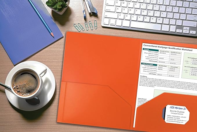 Better Office Products Heavyweight Plastic 2 Pocket Portfolio Folder, Letter Size Poly Folders 24 Pack (Orange)