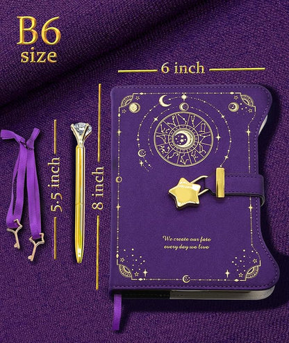 Diary with Lock and Keys for Girls Gift Ideas, 360 Kraft Pages Journal for Women, B6 Refillable Notebook for Writing with Pen and Bookmark (Astro Purple)