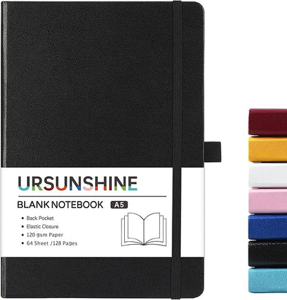 Blank Journal/Notebook - Classic Notebook/Journal with Ribbon Divider, Hardcover with Thick Paper, 5.7" x 8.4", Banded + Pen Holder +Inner Pocket - Black