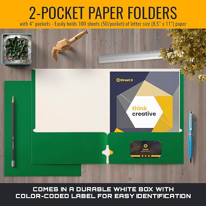 Better Office Products Two Pocket Portfolio Folders, 50-Pack, Green, Letter Size Paper Folders, 50 Pieces, Green
