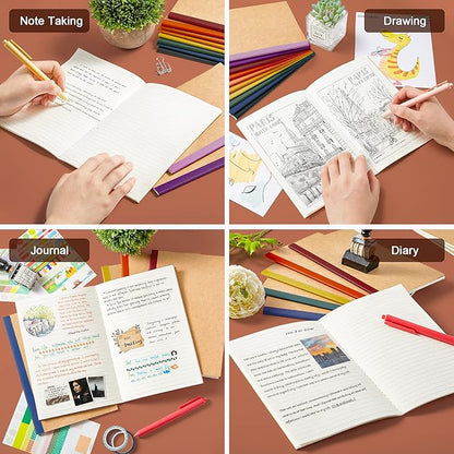 feela 16 Pack Composition Notebooks Bulk, Kraft Cover Lined Blank College Ruled Composition Travel Journals with Jewel Tone Spines For Women Students, 60 Pages, 8.3”x 5.5”, A5, 8 Vintage Colors