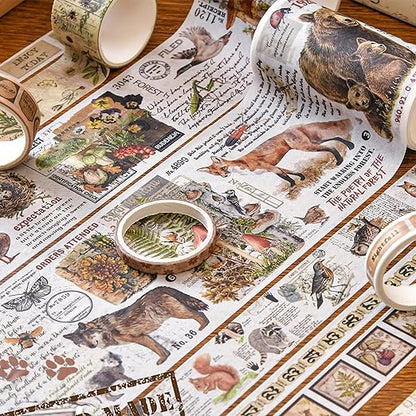 18 Rolls Vintage Washi Tape Pack Retro Arts Adhesive Tapes Wide Monologue Decorative Masking Tape Sets for Craft, Kids, Scrapbook, DIY, Gift Wrapping (Jungle Trails)