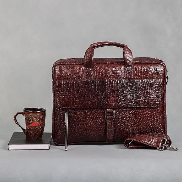 Crocodile Embossed leather bag for men, 5 Zipper Pockets with Spacious Compartments.,12 x 16 x 4 inches.
