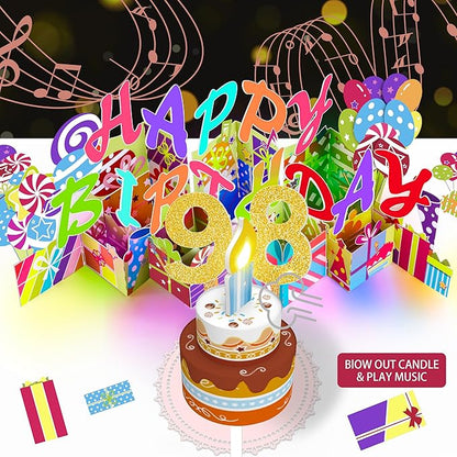Gumry 98TH Musical Birthday PopUp Card, Blowable Colorful Light Candle 3D Cards with Song, Applause Cheers Sound, Greeting Cards Birthday Gifts Decorations for Women Men Turning 98 Years Old