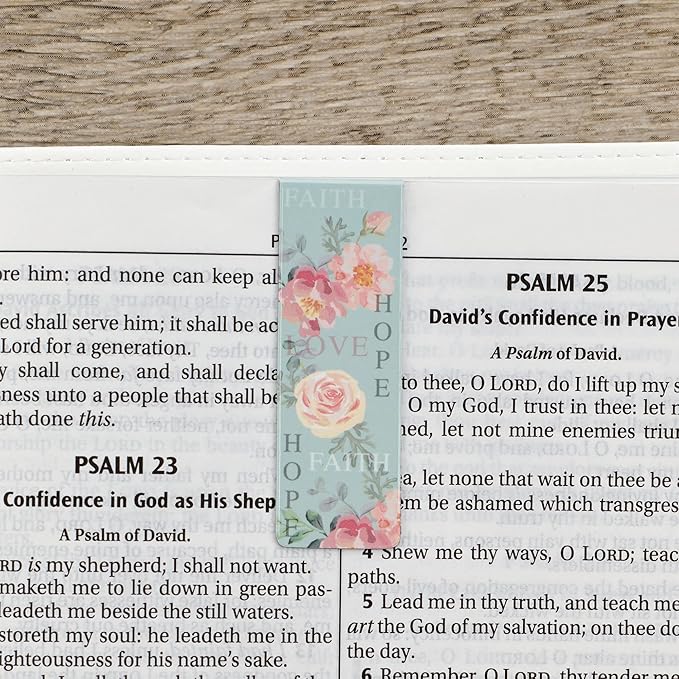 Christian Art Gifts Magnetic Scripture Bookmark Set for Men and Women: Faith, Hope, Love - 1 Corinthians 13:13 Inspirational Pink Rose Themed Magnetic Pagemarkers Set of 6 for Bibles, Size 2.3" x 0.8"