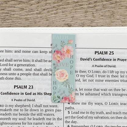 Christian Art Gifts Magnetic Scripture Bookmark Set for Men and Women: Faith, Hope, Love - 1 Corinthians 13:13 Inspirational Pink Rose Themed Magnetic Pagemarkers Set of 6 for Bibles, Size 2.3" x 0.8"