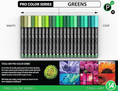 Acrylic Paint Pens 22 Green Tones Assorted Pro Color Series Markers Set 0.7mm Extra Fine Tip for Rock Painting, Glass, Mugs, Wood, Metal, Canvas, Projects, Non Toxic, Waterbased, Quick Drying