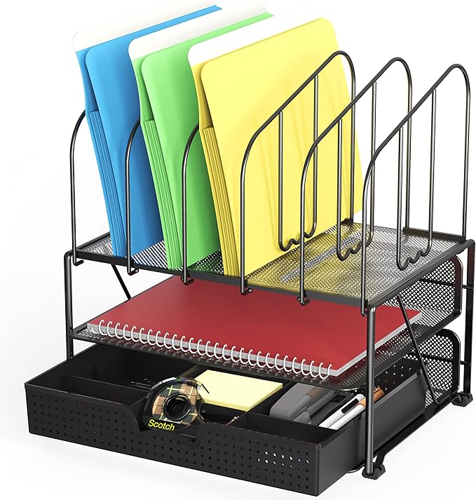 DecoBros Mesh Desk Organizer with Double Tray, 5 Upright Sections and Sliding Drawer, Black