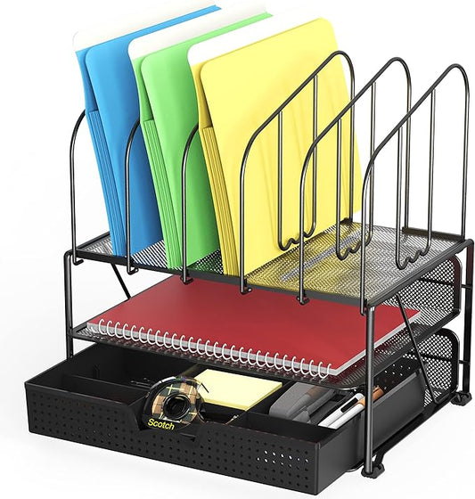 DecoBros Mesh Desk Organizer with Double Tray, 5 Upright Sections and Sliding Drawer, Black