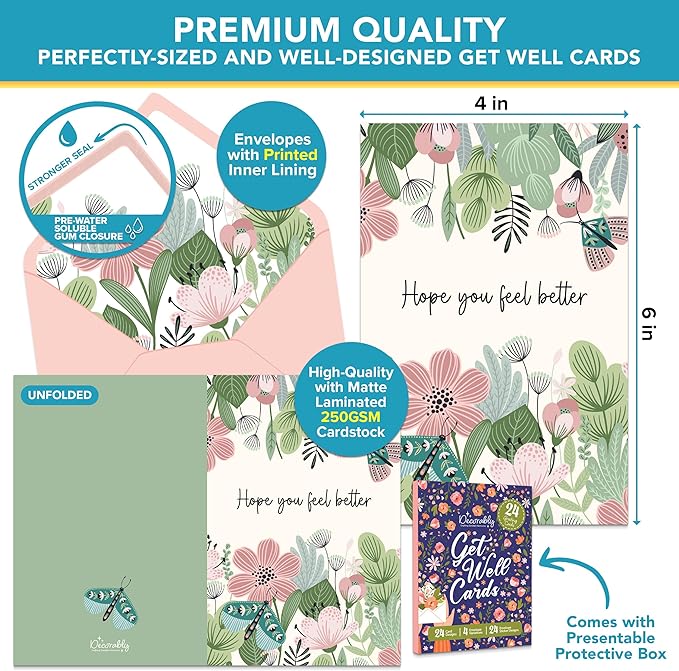Decorably 24 Pack 4x6in Assorted Get Well Cards with Envelopes and Stickers, 24 Unique Floral Designs Boxed Get Well Cards with Printed Message Inside