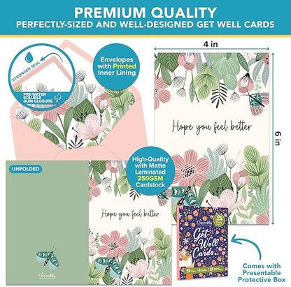 Decorably 24 Pack 4x6in Assorted Get Well Cards with Envelopes and Stickers, 24 Unique Floral Designs Boxed Get Well Cards with Printed Message Inside