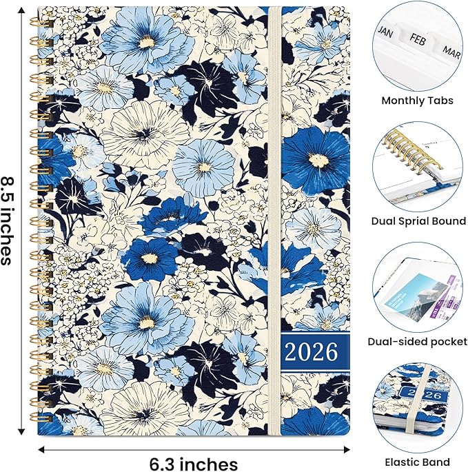 2026 Planner, Weekly and Monthly Planner for Women, January 2026 to December 2026, Pretty Hardcover 2026 Calendar Planner Book with Tabs, Inner Pocket, Spiral Bound, Perfect Office Home School Supplies - 6.3" x 8.5", Azure Garden
