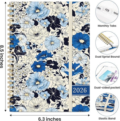 2026 Planner, Weekly and Monthly Planner for Women, January 2026 to December 2026, Pretty Hardcover 2026 Calendar Planner Book with Tabs, Inner Pocket, Spiral Bound, Perfect Office Home School Supplies - 6.3" x 8.5", Azure Garden