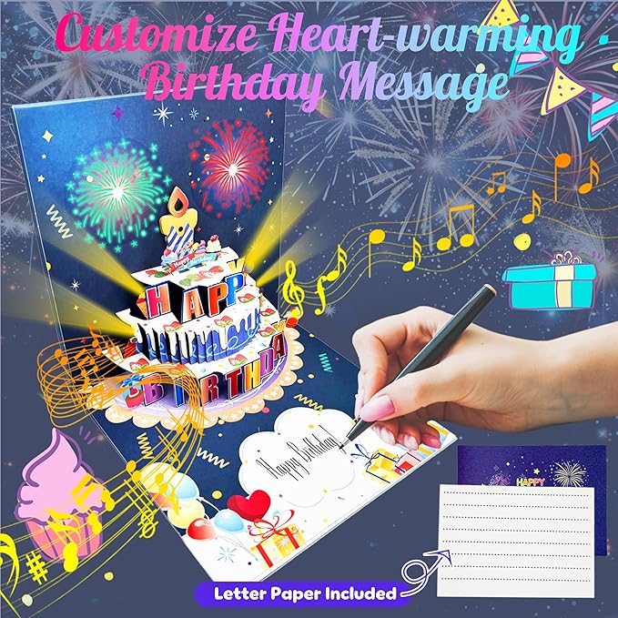 Birthday Cards, Pop Up Firework Birthday Cards, Musical and LED Lights Happy Birthday Card with Blowable Birthday Cake, Happy Birthday Gift Card for Mom Women Men Dad Kids Husband Wife