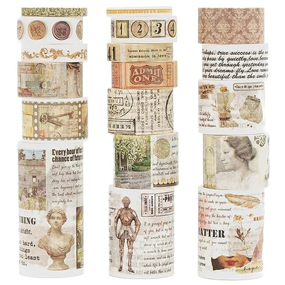18 Rolls Vintage Washi Tape Pack Retro Arts Adhesive Tapes Wide Monologue Decorative Masking Tape Sets for Craft, Kids, Scrapbook, DIY, Gift Wrapping (Story Collections)