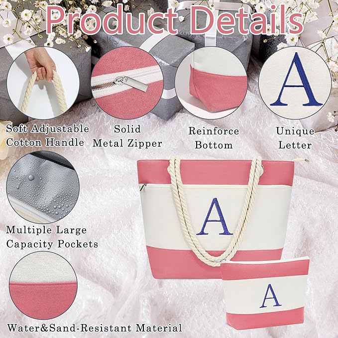 YOOLIFE Christmas Gifts for Women - Initial Canvas Tote Bag & Makeup Bag, Birthday Gifts for Women Mom Teacher Friend Sister