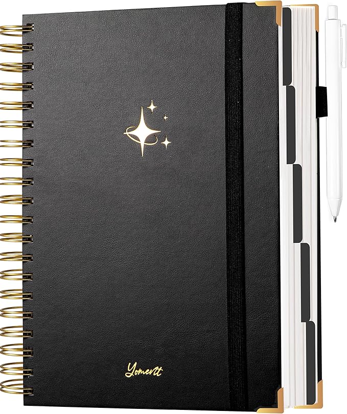 Yoment Leather Spiral Notebooks for Work 5 Subject Notebook College Ruled with Dividers 360 Pages B5 Hardcover Lined Journals for Women Men Writing B5 Size, Black