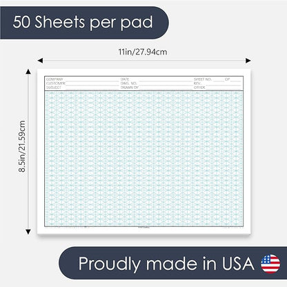 8.5" x 11" Isometric Graph Paper 50 Sheets Landscape - 0.25" Grid, Non-photo Blue, High Brightness, Drafting, Engineering, Art, 3D Design (3-Pack)
